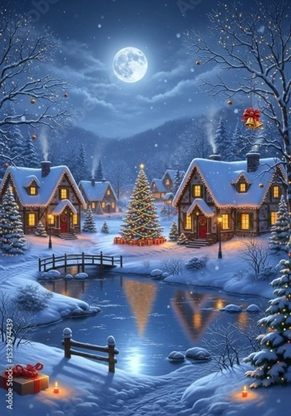 Obraz Winter Village Christmas Eve - A picturesque winter village scene at Christmas Eve, with snow-covered houses, a glowing Christmas tree, and a tranquil pond reflecting the moonlight