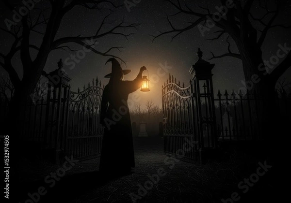 Obraz Witch at Cemetery Gate at Night - Silhouette of a witch holding a lantern at a cemetery gate at night. Spooky Halloween scene