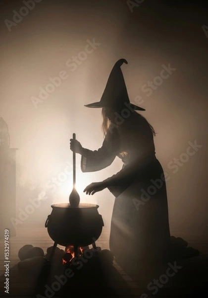 Obraz Witch Brewing Potion in Cauldron - Silhouette of a witch stirring a cauldron over a fire, surrounded by fog, creating a mystical Halloween scene