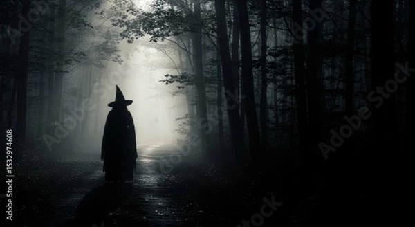 Obraz Witch in Foggy Forest Path - A mysterious silhouette of a witch in a pointed hat walking down a fog-shrouded path in a dark forest. Eerie and atmospheric