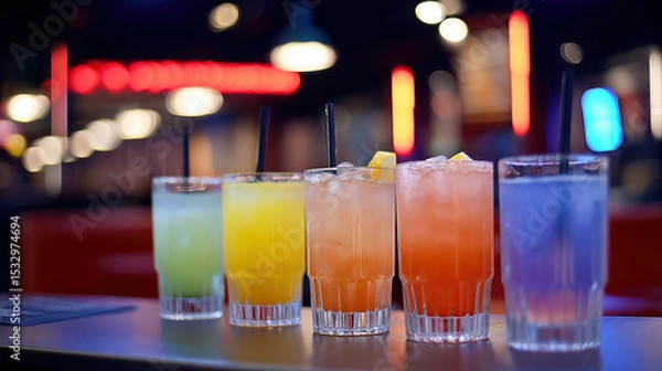 Obraz Colorful Cocktails on Bar Counter with Bokeh Lights – Vibrant Nightlife Scene for Party, Drink, and Hospitality Concepts