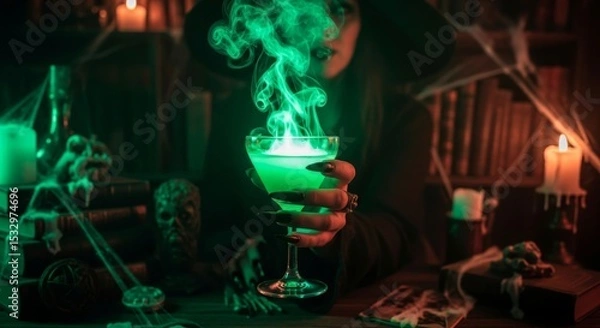 Obraz Witch's Green Elixir - A mysterious witch holds a glowing green cocktail, smoke swirling above it. Dark, atmospheric Halloween scene