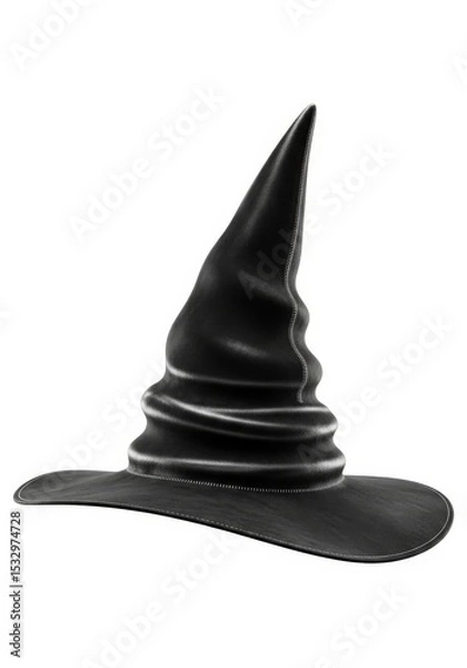 Obraz Witch's Pointed Hat - A classic black witch hat, pointed and wide-brimmed, isolated on a white background. Perfect for Halloween or fantasy themes