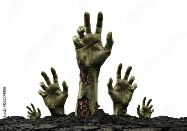 Obraz Zombie Hands Emerging From Grave - Decaying zombie hands claw from the earth against a white background. Perfect for Halloween or horror themes