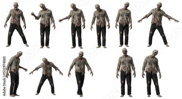 Obraz Zombie Poses Collection - Twelve diverse zombie poses, perfect for Halloween, horror, or gaming projects. High-quality 3D s on a white background
