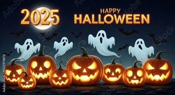 Obraz 2025 Halloween Pumpkins Ghosts Bats - Spooky Halloween scene with glowing pumpkins, friendly ghosts, bats flying under a full moon. Symbolizing autumn, celebration, spooky fun, supernatural, harvest