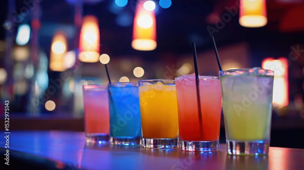 Obraz Colorful Cocktails on Bar Counter with Bokeh Lights – Vibrant Nightlife Scene for Party, Drink, and Hospitality Concepts