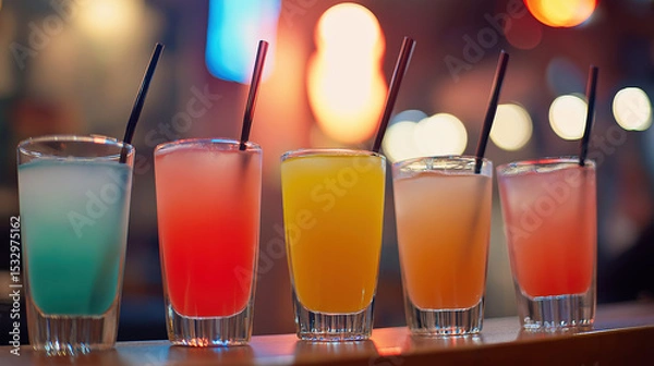 Obraz Colorful Cocktails on Bar Counter with Bokeh Lights – Vibrant Nightlife Scene for Party, Drink, and Hospitality Concepts
