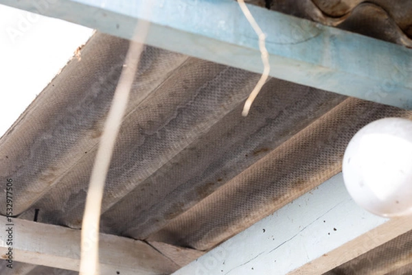 Fototapeta A portrait of a corrugated sheet made of asbestos lying on a garden house roof. The dangerous material should be safely removed by a certified remover.
