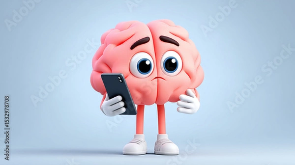 Obraz brain using smartphone. Overstimulated brain focused on phone. Brain issue or over scrolling mental health. scrolling hand with a phone