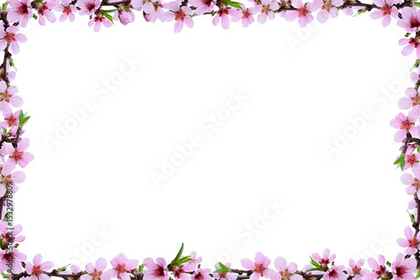 Fototapeta Spring peach twigs in a floral frame isolated on white or transparent background