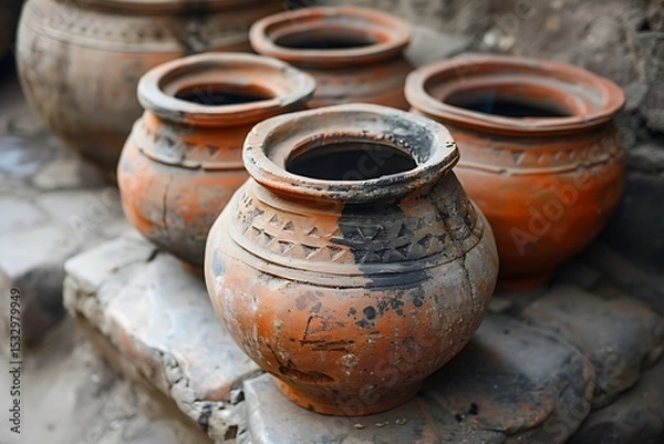 Fototapeta Handmade blackened clay cookware on platform high resolution picture