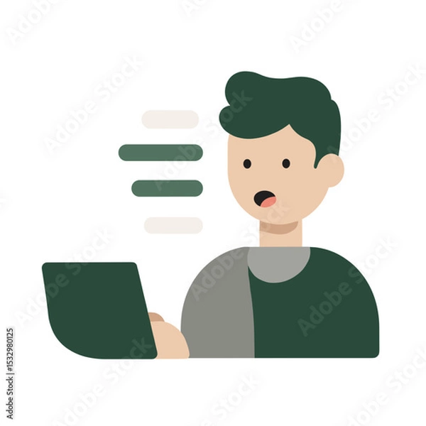 Fototapeta Young man with laptop speaking symbolizing ESG communication and digital learning

