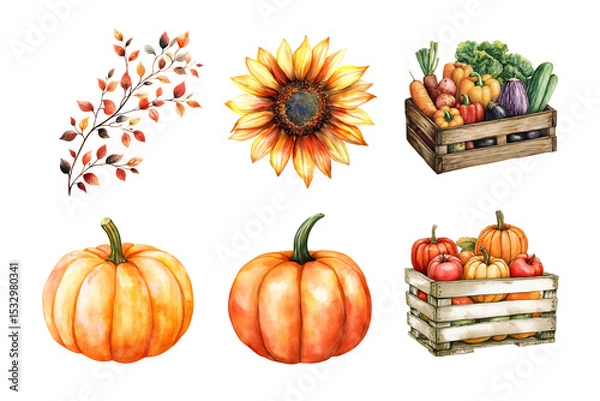 Fototapeta A colorful collection of autumn harvest elements, featuring vibrant pumpkins, a cheerful sunflower, and a crate filled with fresh vegetables. Perfect for seasonal themes.