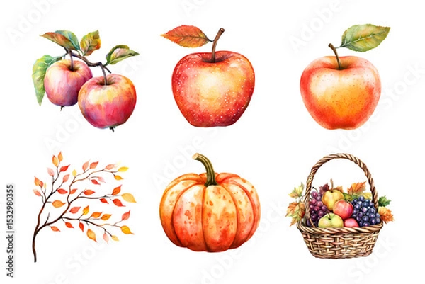 Fototapeta A vibrant collection of hand-painted fruits, featuring apples, plums, pumpkins, and a basket overflowing with assorted fruits