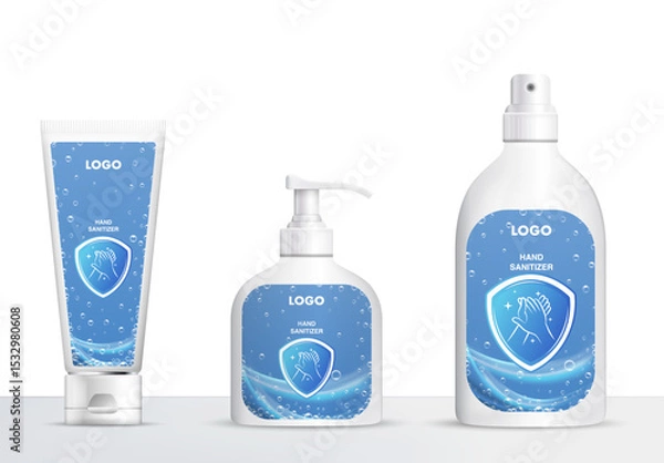 Fototapeta Hand sanitizer product packaging mockup design. Clean vector illustration of three different containers with customizable branding, ideal for hygiene, health, and safety themes.
