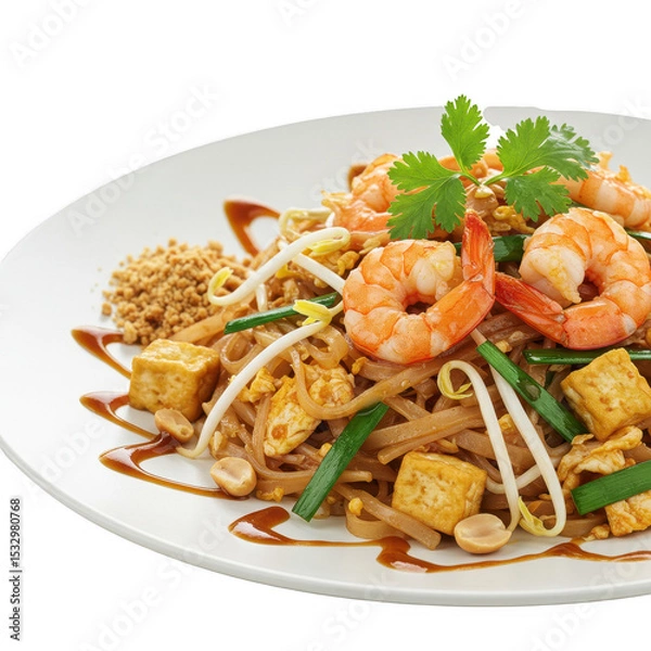 Obraz Close Up of Pad Thai with Shrimp and Tofu on White Plate