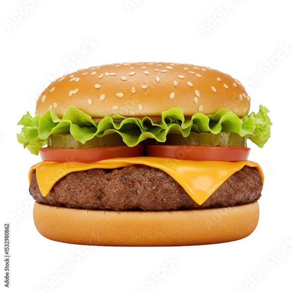 Obraz Juicy Cheeseburger with Melted Cheese and Crisp Lettuce on Sesame Bun