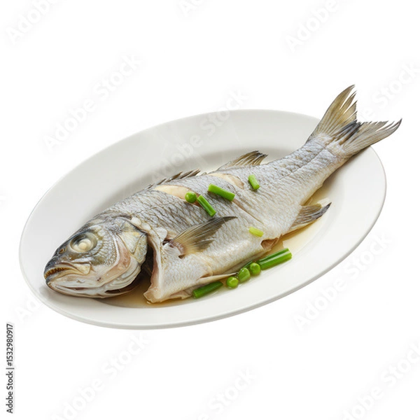Obraz Steamed Fish with Green Onions and Peas on White Plate