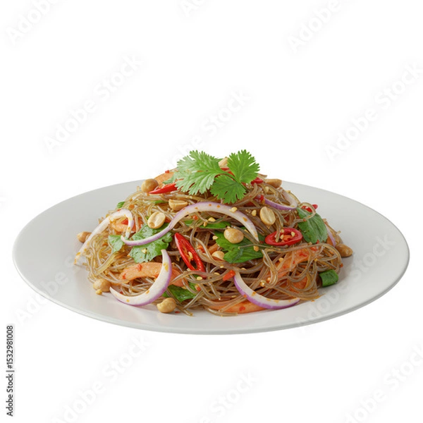 Obraz Vermicelli Noodle Salad with Peanuts and Cilantro on White Plate