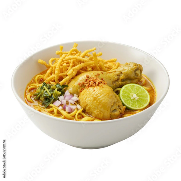 Obraz Golden Khao Soi Chicken Noodle Soup with Crispy Garnishes