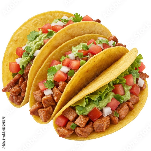 Obraz Three Crispy Tacos with Seasoned Meat, Guacamole, and Fresh
