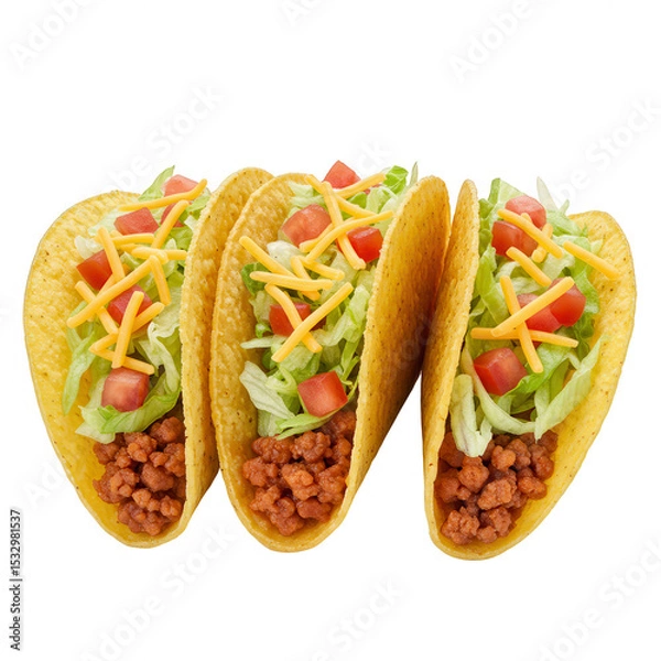 Obraz Three Ground Beef Tacos with Lettuce, Tomato, and Cheese