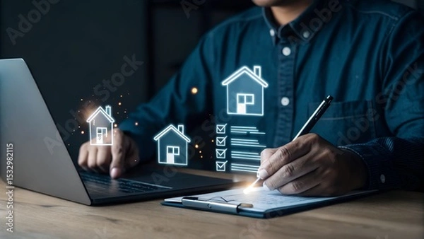 Fototapeta Online housing market and real estate innovation. A professional using digital tools for home searching, property investment, and virtual real estate transactions.