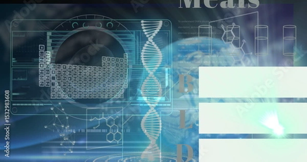 Fototapeta Displaying vertical DNA double helix at digital lab interface, with periodic table grid