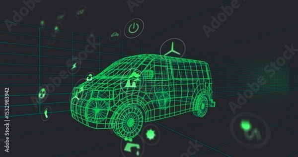 Obraz Rotating neon green wireframe van model in virtual 3D grid, with floating holographic icons