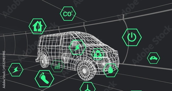 Obraz Displaying wireframe van model sliding through digital tunnel, with floating green hexagon icons