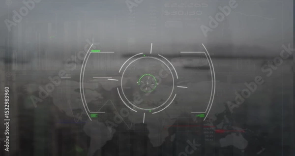 Fototapeta Displaying reticle with crosshairs overlaying world map in HUD, with grid lines and scope markings