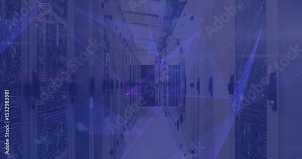 Fototapeta Showing server corridor with perforated racks, cable trays, lit LEDs in data center