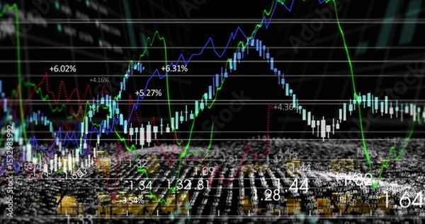Obraz Streaming 3D market line graphs in virtual space with blurred code plane, candlesticks and % labels