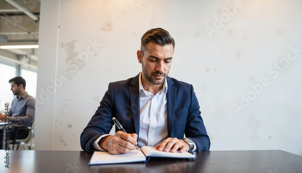 Obraz Businessman writing in notebook while sitting at desk in office  