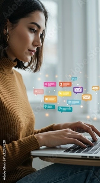 Obraz Woman using laptop with colorful social media icons for digital communication