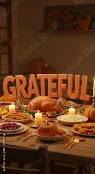 Obraz Thanksgiving feast with grateful message surrounded by seasonal decor and candlelit ambiance