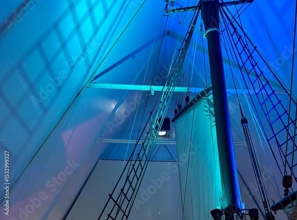 Fototapeta Sailboat inside a building under blue lights