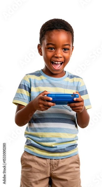Fototapeta Happy young boy engrossed in a video game, full of excitement and joy.