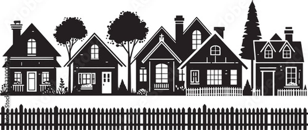 Obraz Black Silhouette Vector of a Cozy Suburban Neighborhood – Clean, Minimal Clipart Design
