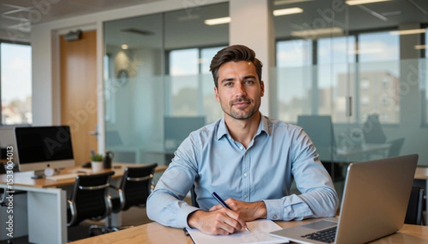 Obraz Professional man sitting at desk with laptop and notebook in office  