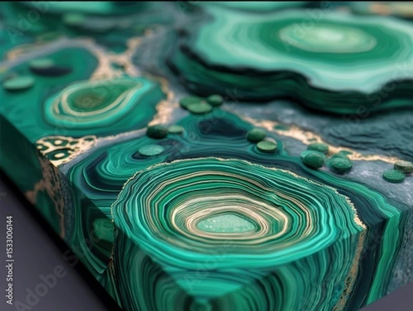 Obraz Abstract artwork features layered patterns with swirling turquoise, teal, and green hues resembling geological formations. Textures and circular shapes add depth and complexity