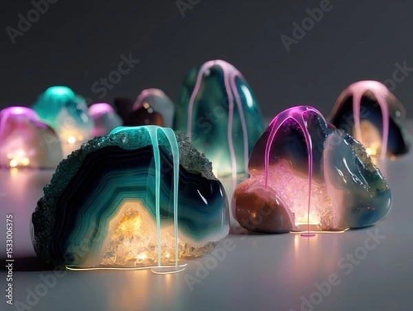 Fototapeta Colorful, translucent stones glow with vibrant LED lights, featuring hues of teal, pink, and purple. The stones appear as sliced agates with a mysterious, ethereal ambiance