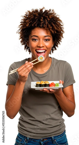 Fototapeta Happy woman savoring sushi, a delightful Japanese meal with a big smile.