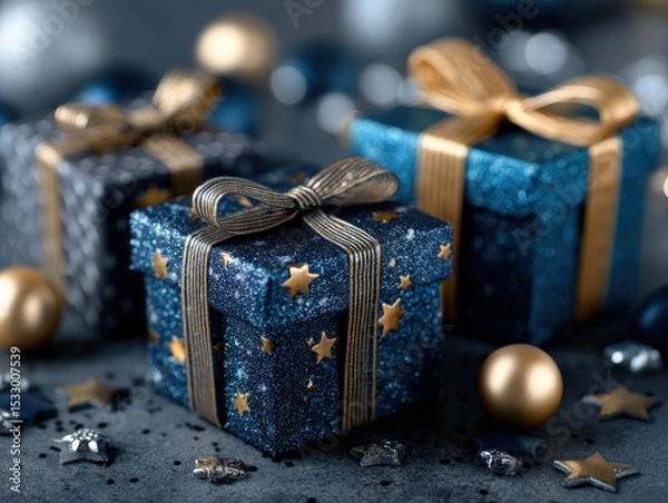 Fototapeta Sparkling blue and gold gift boxes adorned with stars and ribbons are surrounded by metallic ornaments on a festive surface, creating an elegant and celebratory atmosphere
