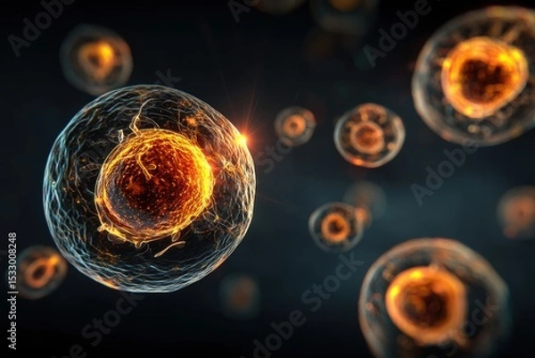 Fototapeta Cells with glowing orange cores and intricate outer structures float against a dark backdrop, evoking a sense of microscopic wonder and scientific intrigue