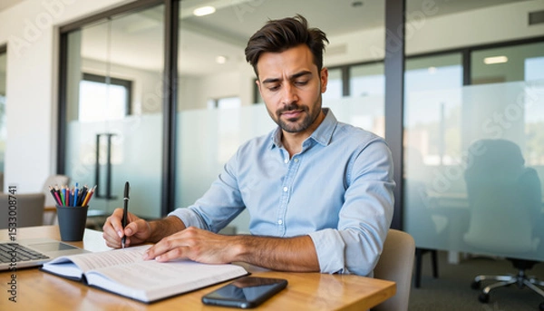 Obraz Young man writing in notebook while sitting at desk in modern office  