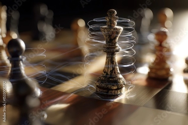 Fototapeta Chess pieces in focus, a swirling effect around the central king piece on a wooden chessboard. Others are blurred in the background, creating a dynamic and artistic composition