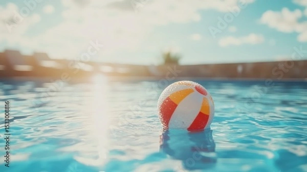 Fototapeta A colorful beach ball floats on the surface of a clear swimming pool under a bright sun. 