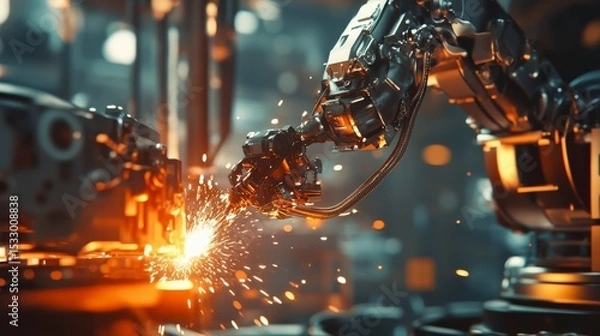 Fototapeta Industrial robotic arms welding metal parts in a factory setting. Sparks fly as the machines operate efficiently. Focus on technology and automation.